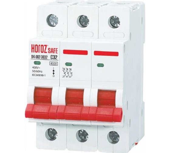 Изображение товара Миниатюрный автоматический выключатель HOROZ ELECTRIC SAFE (MCB 3P C32) 3P 32A C 4.5kA 400V 114-002-3032 HRZ00002642