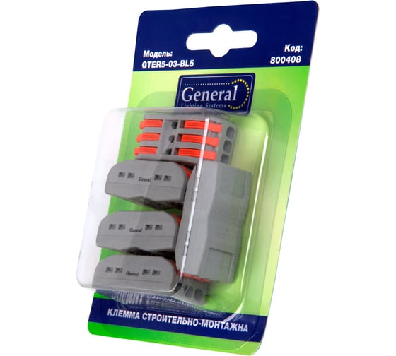 Изображение товара Клемма универсальная монтажная General Lighting Systems 3-проводная двусторонняя, блистер 5шт GTER5-03-BL5 800408