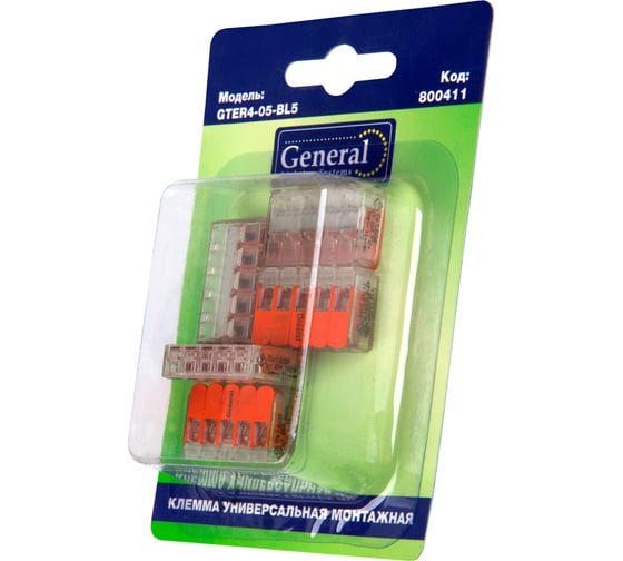 Изображение товара Клемма универсальная монтажная General Lighting Systems 5-проводная, прозрачная компактная, блистер 5шт GTER4-05-BL5 800411