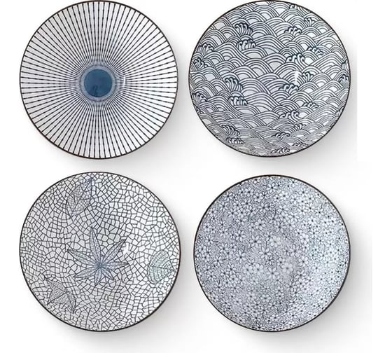 Изображение товара Набор тарелок Homium Japanese Collection, Очарование, глубокие, 4 шт, цвет белый/синий, диаметр 20 см 371594-1-4