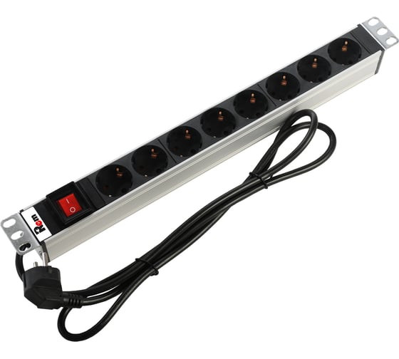 Изображение товара Блок розеток REM Rem-16, с выключателем, 8 Schuko, 16A, алюминий, 19, шнур 3м R-16-8S-V-440-3