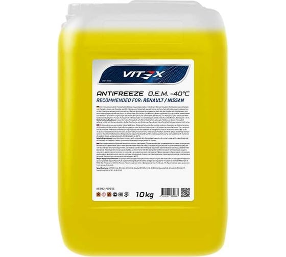 Изображение товара Антифриз VITEX O.E.M. for Renault Nissan -40 для европейских автомобилей Соответствует спецификации Renault 41-01-001/--T G12++ Желтый 10 кг v110905