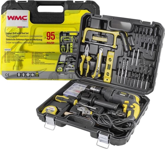 Изображение товара Набор инструментов WMC TOOLS 95 предметов, дрель ударная , набор бит, сверло плоск, уровень ,ножовка ,кл разводной ,рулетка ,ножовка ,уровень ,нож, комплект метиз WMC-1095(50786)