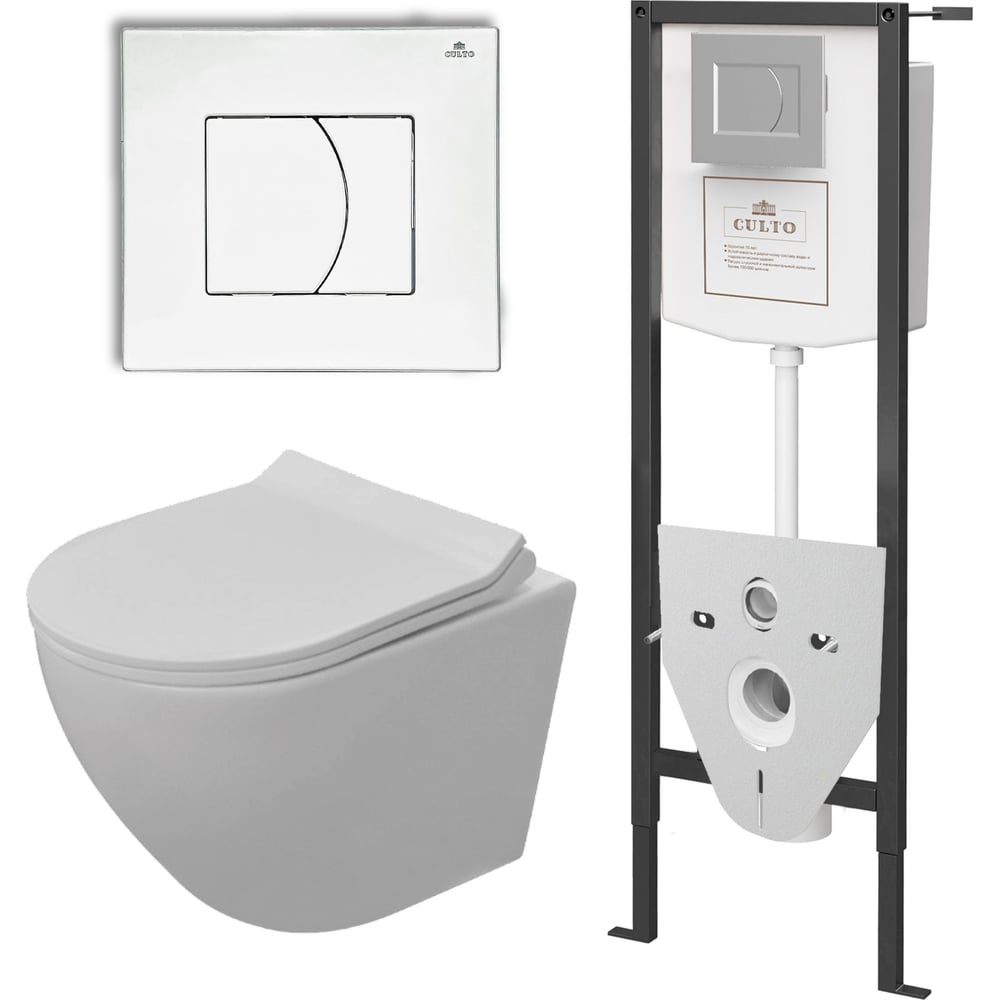 Изображение товара Инсталляция с подвесным унитазом CULTO EIS подвесной безободковый унитаз, сиденье с микролифтом, инсталляция, клавиша смыва белая УТ-99903882_1