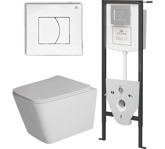 Изображение товара Инсталляция с подвесным унитазом CULTO ESTE подвесной безободковый унитаз, сиденье с микролифтом, инсталляция, клавиша смыва белая УТ-99903883_1