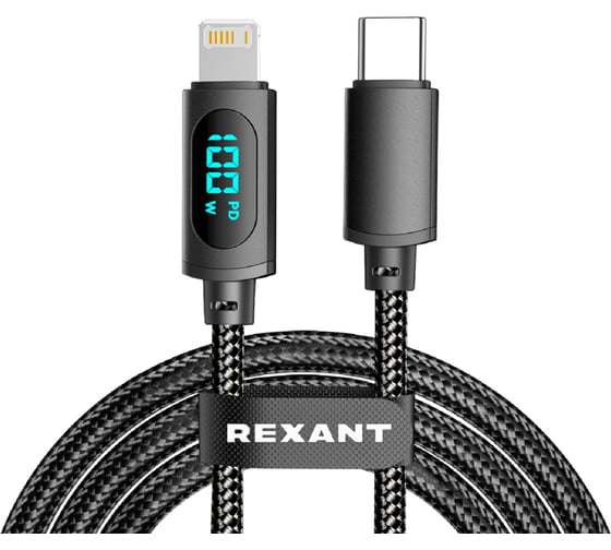 Изображение товара Кабель REXANT Type-C – Lightning, черный, 1м, с LED дисплеем 18-7068