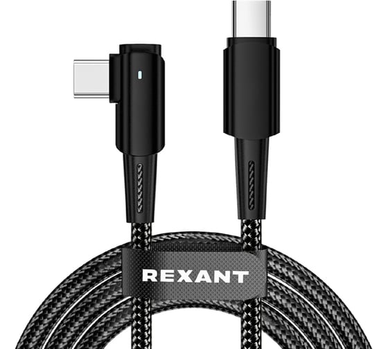 Изображение товара Кабель REXANT Type-C – Type-C, 5А, 100Вт, 1м, черный, с угловым штекером и световой индикацией 18-7070