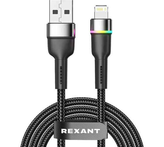 Изображение товара Кабель REXANT USB-A – Lightning для Apple, 2,4А, 1м, черный, с LED подсветкой 18-7059