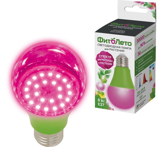 Изображение товара Светодиодная лампа для растений Uniel LED-A60-8W/SPSB/E27/CL, PLP30GR UL-00004581