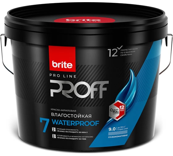 Изображение товара Интерьерная влагостойкая краска BRITE PROFESSIONAL  для стен и потолков глубокоматовая, белая (база А), ведро 9л О02251