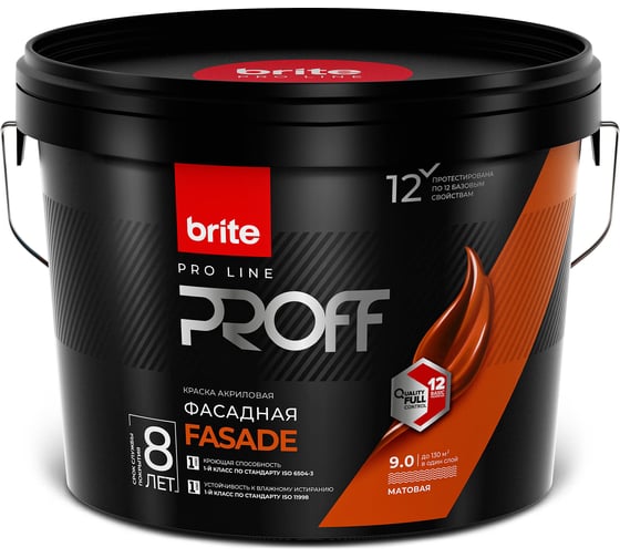 Изображение товара Фасадная краска для наружных и внутренних работ BRITE PROFESSIONAL белая, матовая, база А, ведро 9л О02235