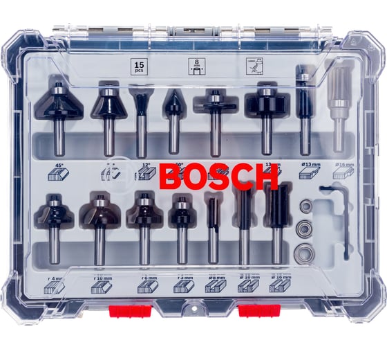 Изображение товара Набор фрез смешанный (15 шт; хвостовик 8 мм) Bosch 2607017472