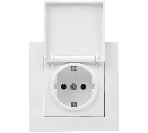 Изображение товара Розетка 1-местная EKF Валенсия с/з 16А белая с крышкой, защ. штор. и прокладкой IP44 EWR16-028-10-44