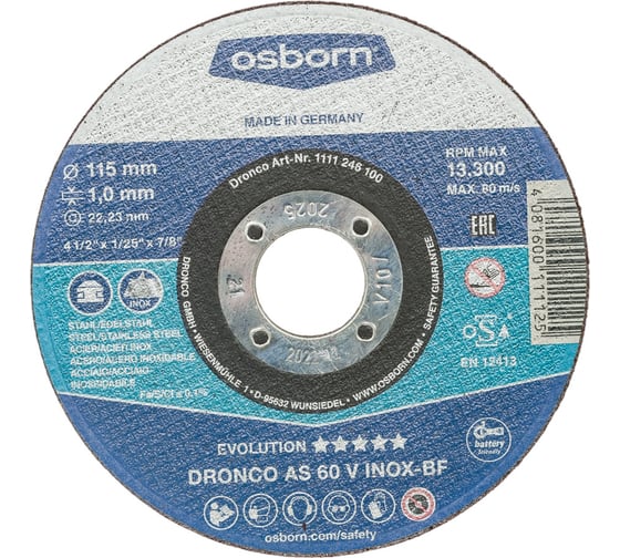 Изображение товара Диск отрезной по металлу Evolution AS60V (115x1x22.23 мм) DRONCO 1111246100