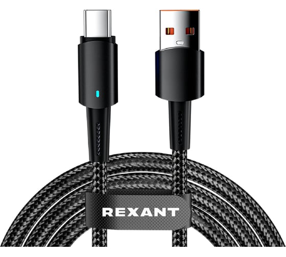 Изображение товара Кабель REXANT USB-A – Type-C, 6А, 66Вт, 1м, черный, со световой индикацией 18-7064