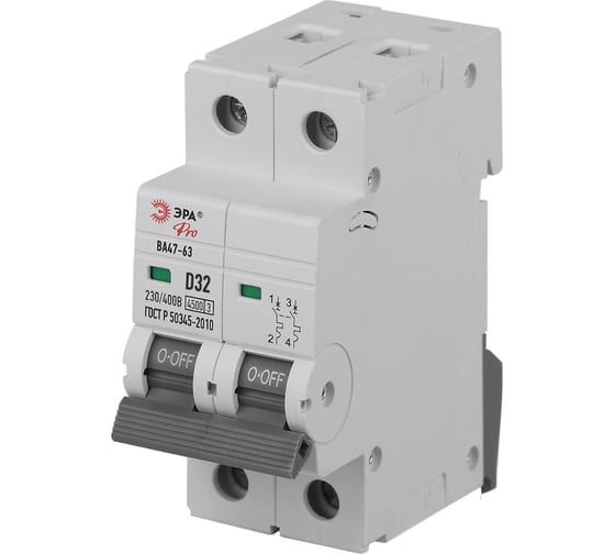 Изображение товара Автоматический выключатель ЭРА PRO VA632P32D4.5 ВА4763 2P 32А кривая D 4,5кА Б0059465