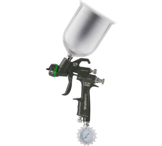 Изображение товара Краскораспылитель WALCOM Slim Kombat HTE верхний пластиковый бачок 0,68 л, сопло 2.5 В комплекте: чемоданчик, регулятор давления воздуха с манометром, ЗИП 803025
