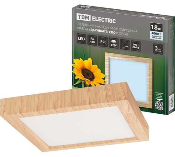 Изображение товара Светильник накладной светодиодный TDM ELECTRIC квадрат "Даунлайт" СПО (сосна) 18 Вт 225*225*32 мм 4000К SQ0329-0448