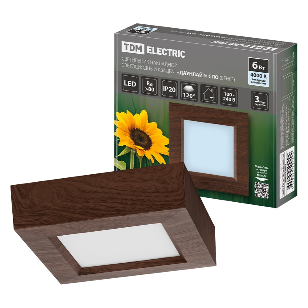 Изображение товара Светильник накладной светодиодный TDM ELECTRIC квадрат Даунлайт 6 Вт венге