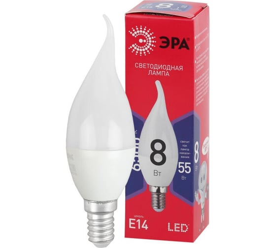 Изображение товара Набор 10 штук лампочки ЭРА RED LINE LED BXS8W865E14 R светодиодные (EC)Е14/E14 8Вт свеча на ветру холодный Б0056240