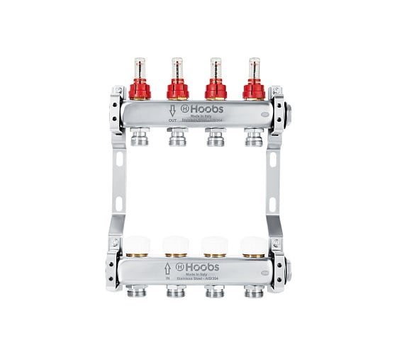 Изображение товара Комплект коллекторов Hoobs нержавеющая сталь, с расходомерами, с отсечными + кронштейны, 1"х3/4"-11 выходов HB-INCRK-804511