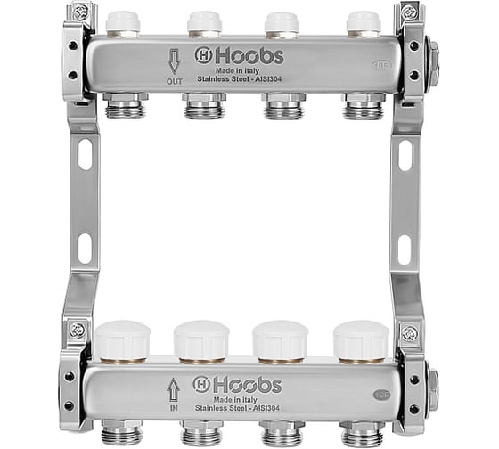 Изображение товара Комплект коллекторов Hoobs нержавеющая сталь, с термостат. клапанами, с отсечными + кронштейны, 1"х3/4"- 4 выхода HB-INCTK-805504