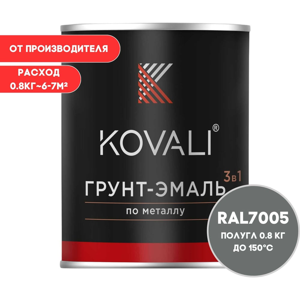 Грунт-эмаль 3 в 1 KOVALI полуглянец Мышино-серая RAL 7005 (0,8кг) kov3.1.1А7005