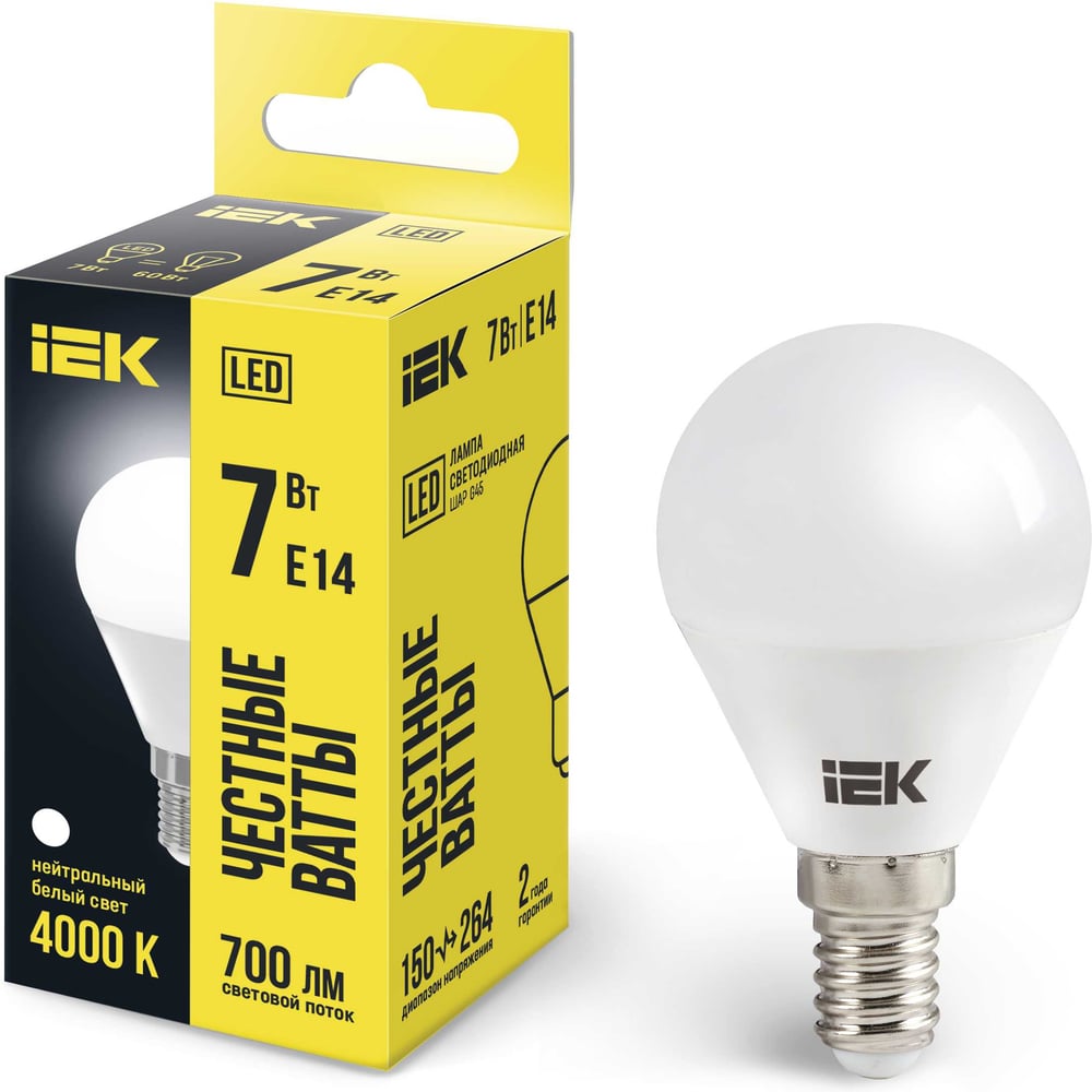 Светодиодная лампа IEK ECO G45 шар 7Вт 230В 4000К E14 LLE-G45-7-230-40-E14