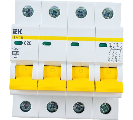 Изображение товара Автоматический выключатель IEK ВА47-29, 4Р, 20А, 4,5кА, х-ка С MVA20-4-020-C