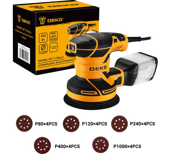 Изображение товара Эксцентриковая сетевая шлифмашина DEKO DK400G с набором оснастки 20шт, 400Вт 085-1100