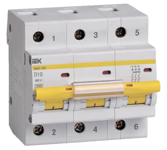 Изображение товара Автоматический выключатель IEK ВА47-100, 3Р, 10А, 10кА, характеристика D MVA40-3-010-D