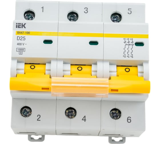 Изображение товара Автоматический выключатель IEK ВА47-100, 3Р, 25А, 10кА, характеристика D MVA40-3-025-D