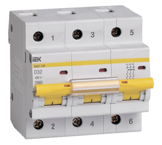 Изображение товара Автоматический выключатель IEK ВА47-100, 3Р, 32А, 10кА, характеристика D MVA40-3-032-D