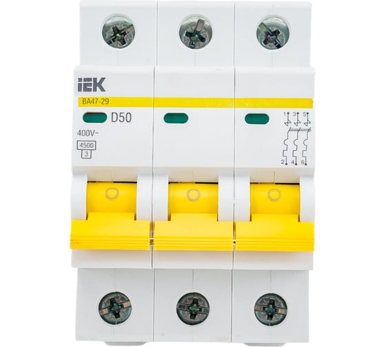 Изображение товара Автоматический выключатель IEK ВА47-29, 3Р, 50А, 4,5кА, х-ка D MVA20-3-050-D