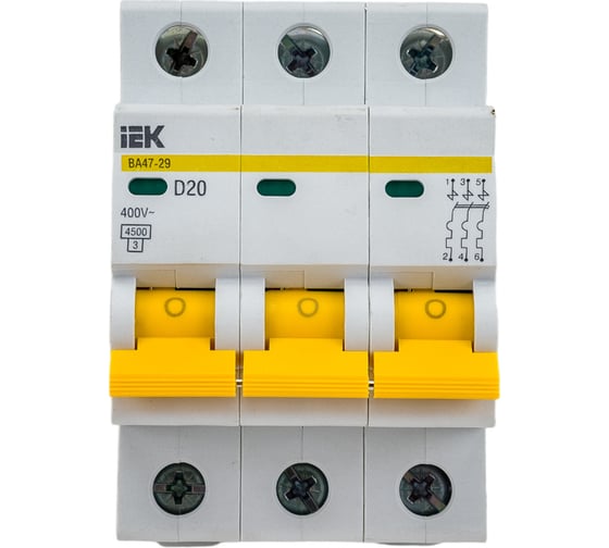 Изображение товара Автоматический выключатель IEK ВА47-29, 3Р, 20А, 4,5кА, х-ка D MVA20-3-020-D