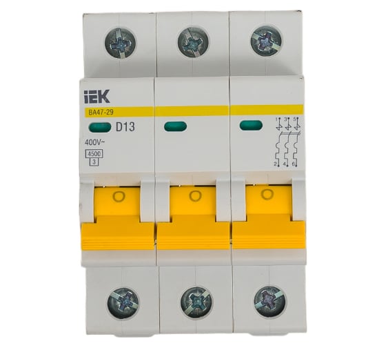 Изображение товара Автоматический выключатель IEK ВА47-29, 3Р, 13А, 4,5кА, х-ка D MVA20-3-013-D