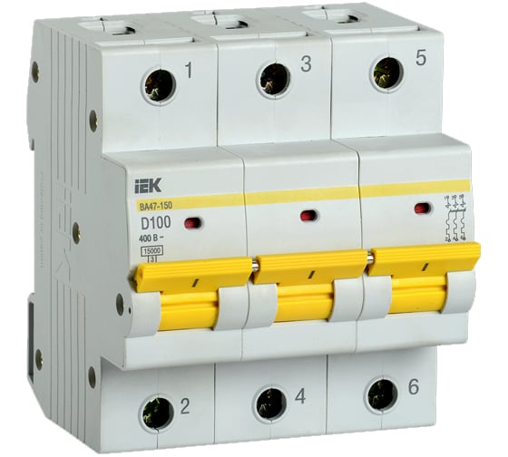 Изображение товара Автоматический выключатель IEK ВА47-150, 3Р, 100А, 15кА, характеристика D MVA50-3-100-D