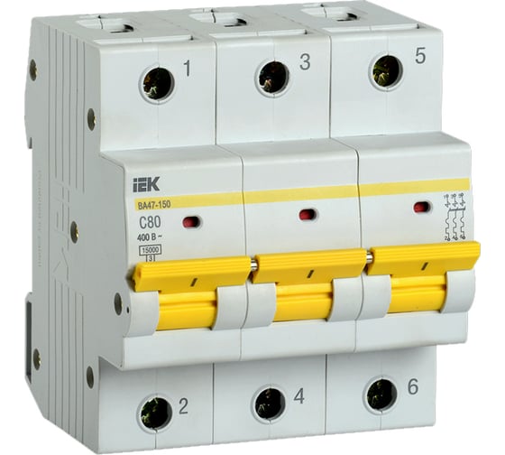 Изображение товара Автоматический выключатель IEK ВА47-150, 3Р, 80А, 15кА, характеристика C MVA50-3-080-C