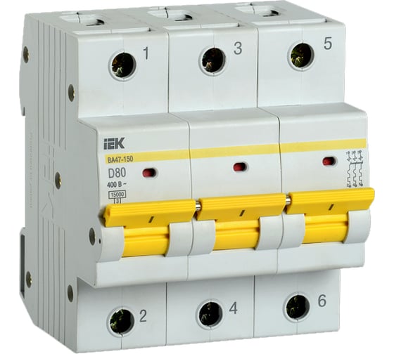 Изображение товара Автоматический выключатель IEK ВА47-150, 3Р, 80А, 15кА, характеристика D MVA50-3-080-D