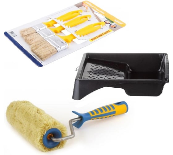 Изображение товара Набор малярный: валик полиакрил 240мм, кисти натуральная щетина 3шт, ванночка Мелодия цвета НАБ2