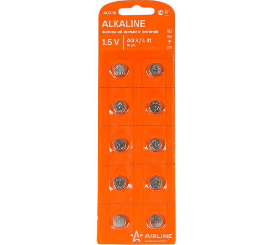Изображение товара Батарейка Airline AG3/LR41, щелочная, 10 штук AG3-10