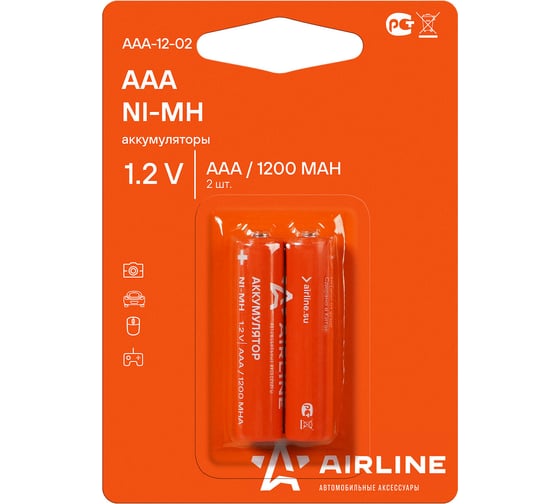 Изображение товара Аккумуляторные батарейки Airline AAA, HR03, Ni-Mh, 1200 mAh, 2шт. AAA-12-02
