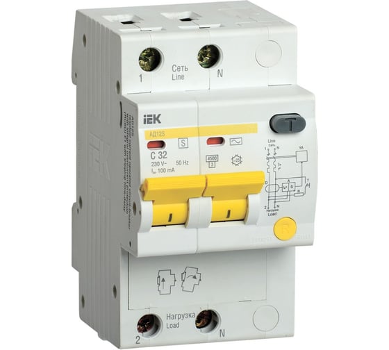 Изображение товара Дифференциальный автомат IEK АД12S 2Р 32А 100мА MAD13-2-032-C-100