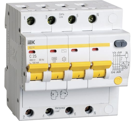 Изображение товара Дифференциальный автомат IEK АД14, 4Р, 25А, 100мА MAD10-4-025-C-100