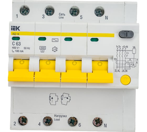 Изображение товара Дифференциальный автомат IEK АД14, 4Р, 63А, 100мА MAD10-4-063-C-100