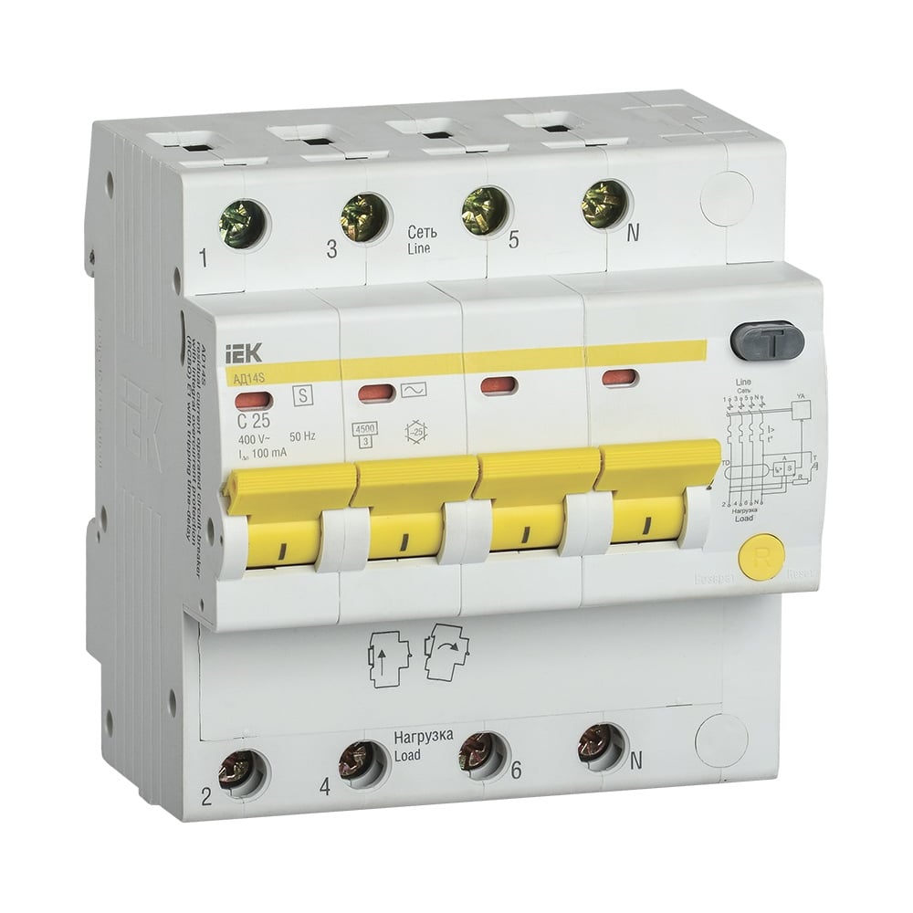 Изображение товара Дифференциальный автомат IEK АД14S, 4Р, 25А, 100мА MAD13-4-025-C-100