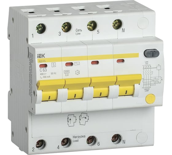 Изображение товара Дифференциальный автомат IEK АД14S, 4Р, 63А, 300мА MAD13-4-063-C-300