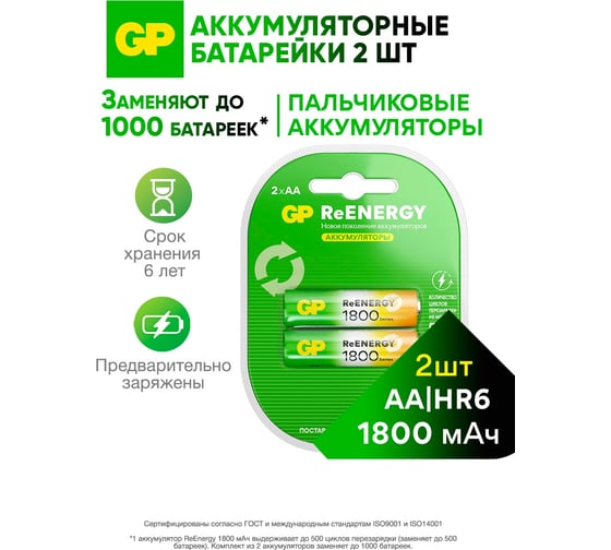 Изображение товара Аккумуляторы перезаряжаемые GP 180AAHC AA, емкость 1800 мАч - 2 шт. 180AAHCRGY-2CRCB2 16105535
