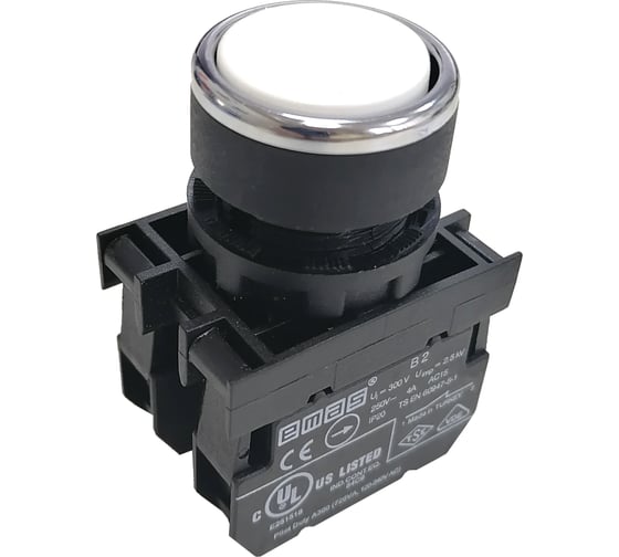 Изображение товара Нажимная кнопка Emas круглая белая, с фиксацией, 1НО+1НЗ, серия B, 250В AC, 4А B102FB