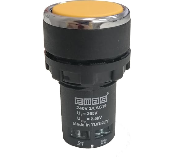 Изображение товара Нажимная моноблочная кнопка Emas жёлтая 22мм, IP40, 1НЗ+1НЗ, 240В переменного тока, 0,3А. MB202DS